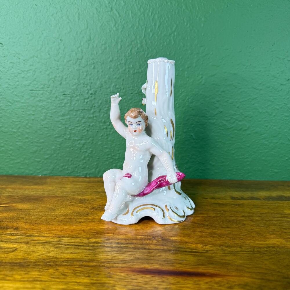 Vintage French Boy Figurine White with Tree Stump